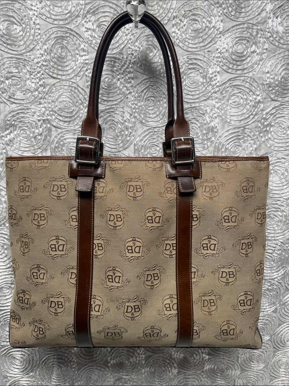 Dooney & Bourke Logo Canvas Tote with Brown Leather Trim